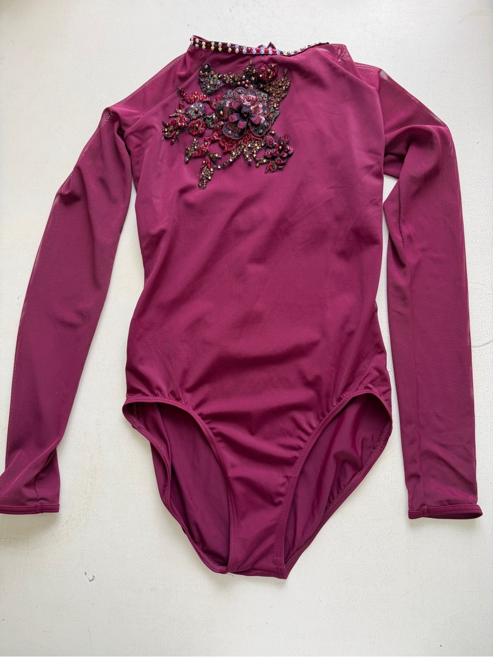 Embellished Long Sleeve Leotard in Deep Berry